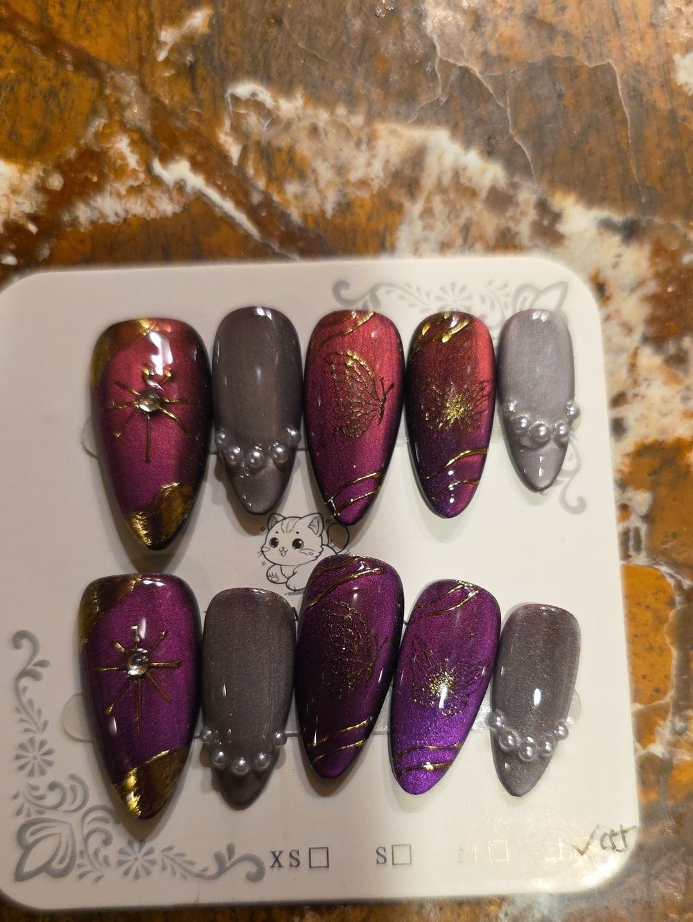 Handmade Purple & Gray Press-On Nail Set with Gold Accents Size Large